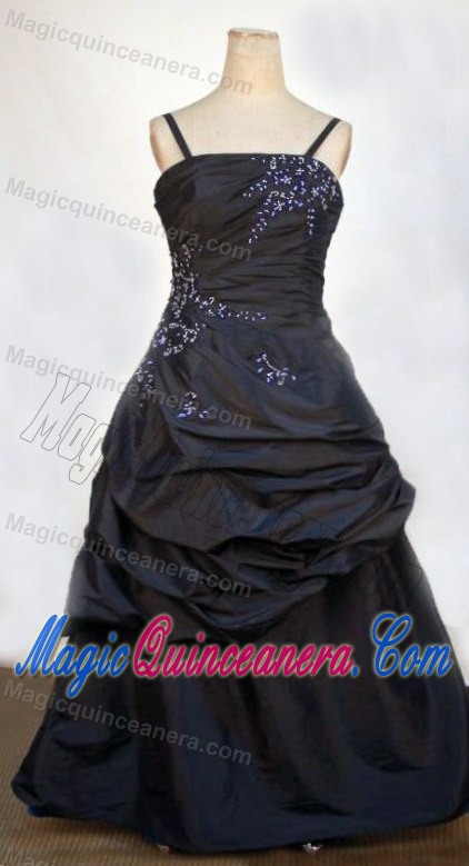 A-line Straps Beads Little Girl Pageant Dress in Navy Blue