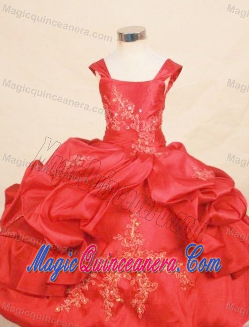 Wide Straps Red Appliques Beaded Little Girl Pageant Dress