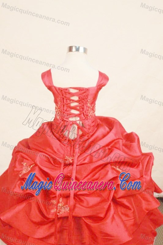 Wide Straps Red Appliques Beaded Little Girl Pageant Dress