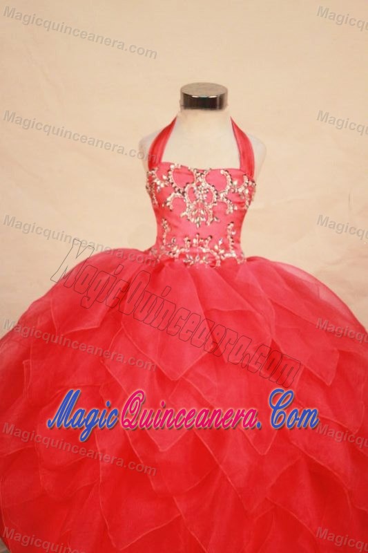 Red Little Girl Pageant Dress with Beading and Halter Neck