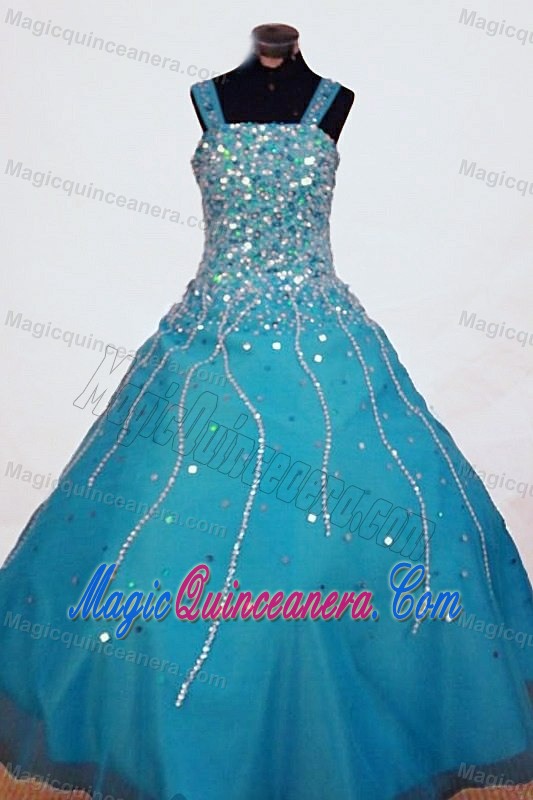 Beads Straps Organza Teal A-line Little Girl Pageant Dress