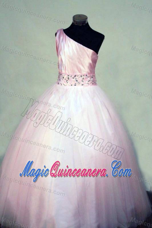 Pink Tulle One Shoulder Little Girl Pageant Dresses Beaded