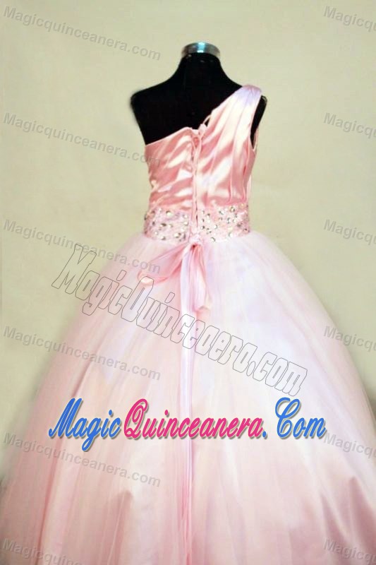 Pink Tulle One Shoulder Little Girl Pageant Dresses Beaded