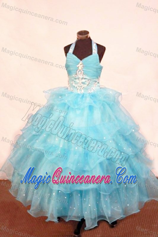Ruffled Halter Aqua Beaded Girls Pageant Dresses in Kent