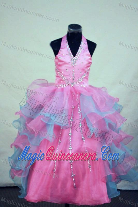 Organza Colorful Beaded Halter Little Girl Pageant Dresses