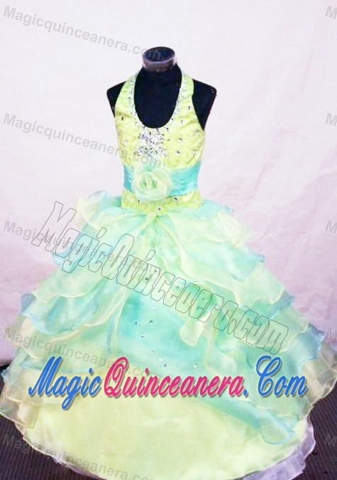 Flower Multi-colored Halter Layered Little Pageant Dresses