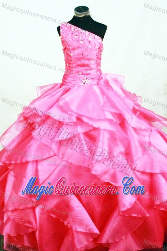 Hot Pink One Shoulder Beaded Ruffles Girls Pageant Dresses