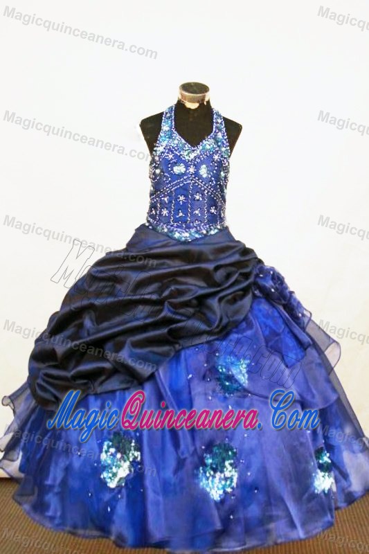 Beaded Halter Organza Blue Little Girl Pageant Dress 2013