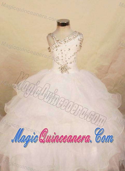 White Organza One Shoulder Beaded Girls Pageant Dresses