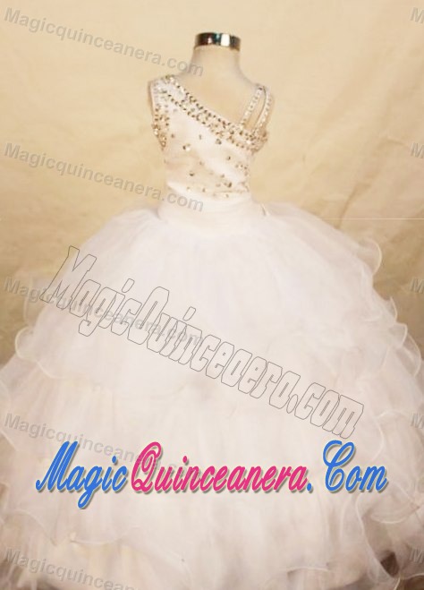 White Organza One Shoulder Beaded Girls Pageant Dresses
