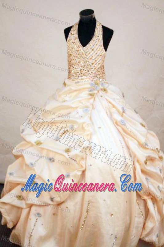 Taffeta Halter Yellow Kid Pageant Dresses Beaded in Surrey