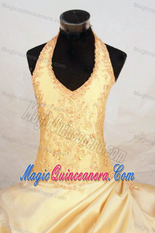 Halter Top Taffeta Gold Beaded Little Girl Pageant Dresses