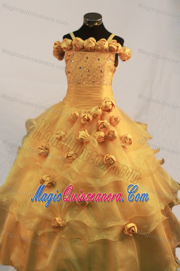Hand Made Flowers Gold Little Pageant Dress with Straps