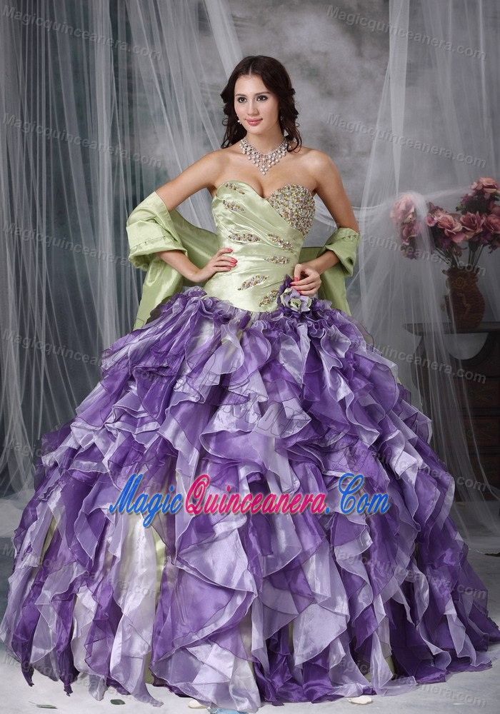 Yellow Green and Lavender Dresses for a Quince with Beading Ruffles