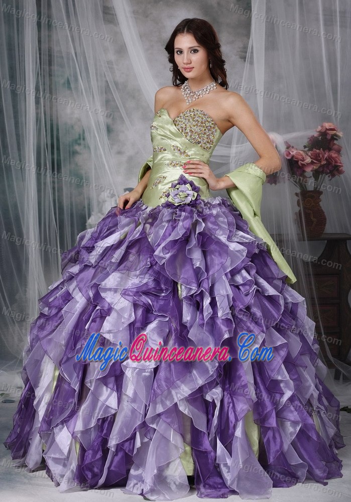 Yellow Green and Lavender Dresses for a Quince with Beading Ruffles