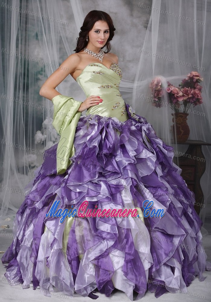 Yellow Green and Lavender Dresses for a Quince with Beading Ruffles