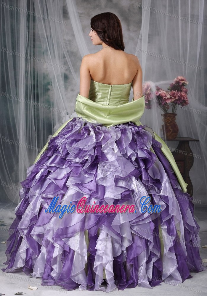 Yellow Green and Lavender Dresses for a Quince with Beading Ruffles