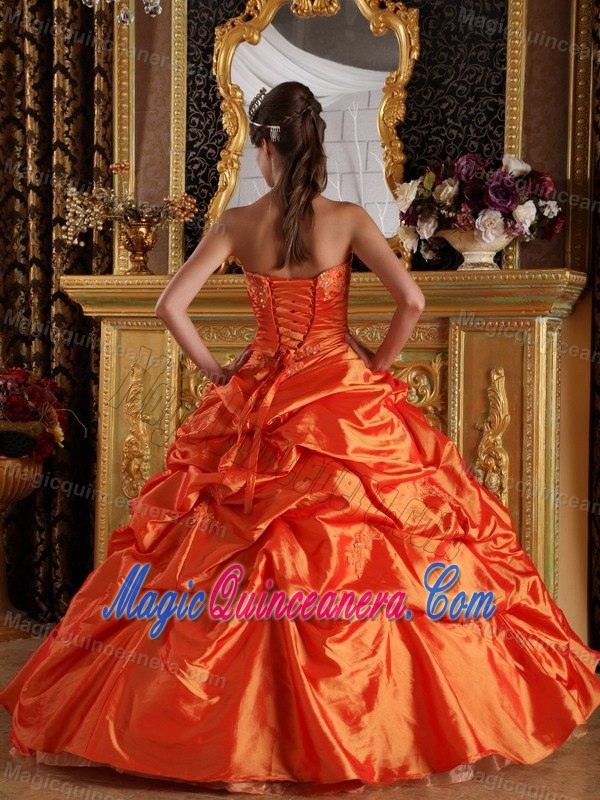 Appliqued Orange Red Dresses for a Quince with Jacket Pick ups