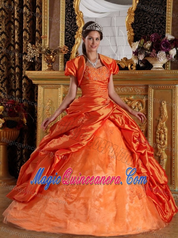 Appliqued Orange Red Dresses for a Quince with Jacket Pick ups