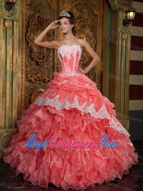 Watermelon Dress For Quinceanera with White Appliques and Ruffles