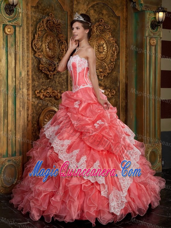 Watermelon Dress For Quinceanera with White Appliques and Ruffles