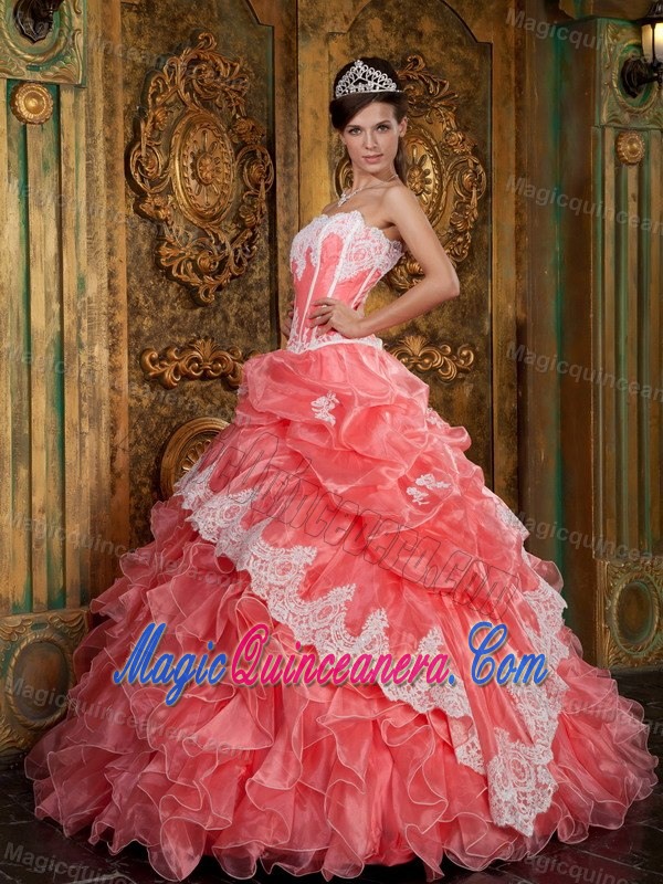 Watermelon Dress For Quinceanera with White Appliques and Ruffles