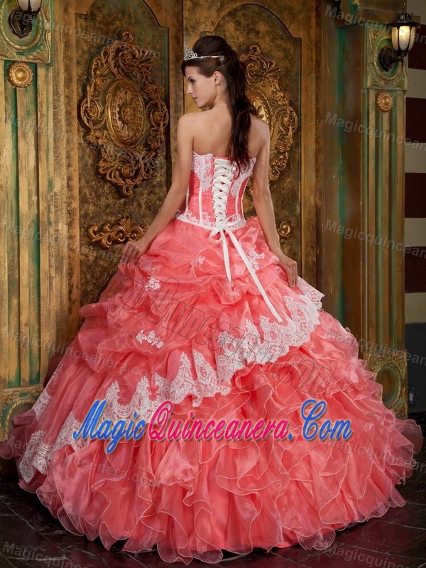 Watermelon Dress For Quinceanera with White Appliques and Ruffles