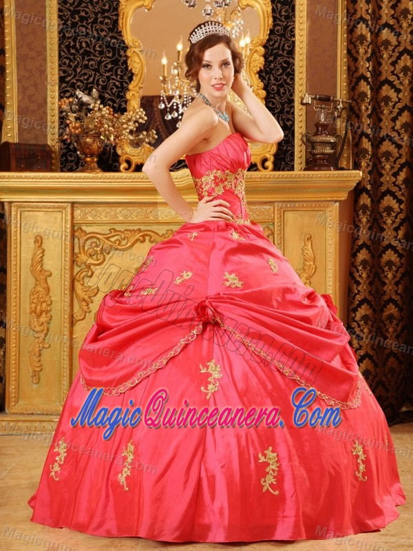 Red Strapless Quinceanera Dress with Gold Appliques and Handmade Flowers