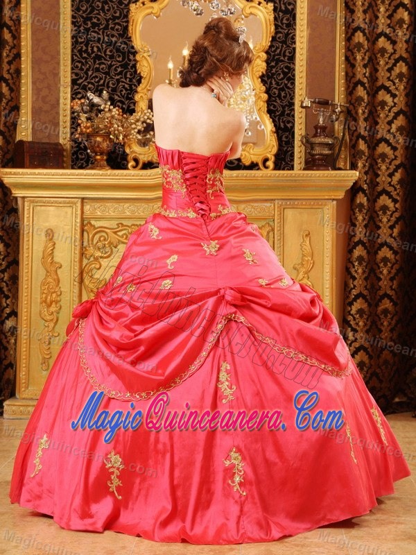 Red Strapless Quinceanera Dress with Gold Appliques and Handmade Flowers