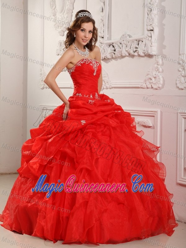 Red Quinceanera Gown Dress with Strapless Neckline and Ruffled Skirt