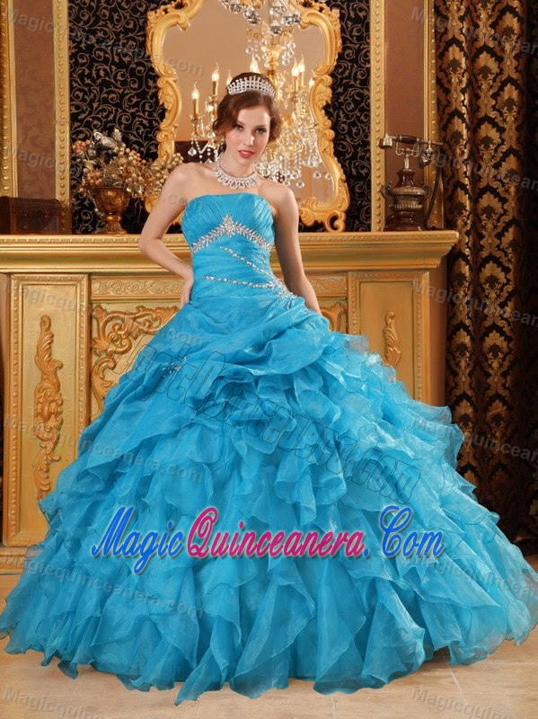 Gorgeous Teal Blue Organza Beading Dresses Quinceanera with Ruffles