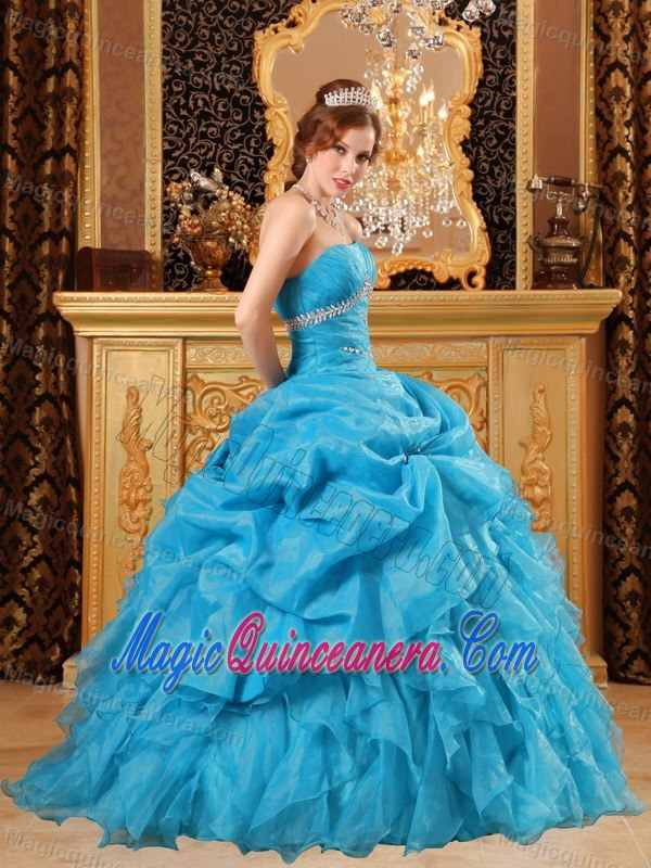 Gorgeous Teal Blue Organza Beading Dresses Quinceanera with Ruffles