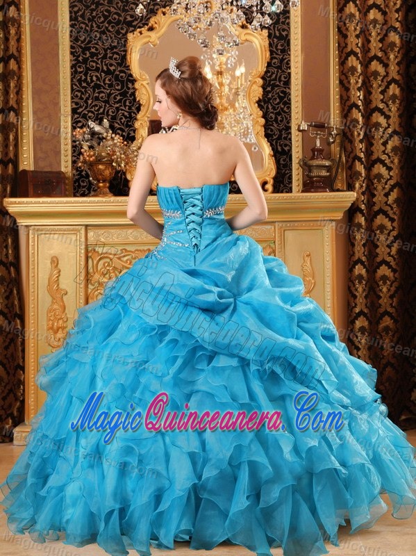 Gorgeous Teal Blue Organza Beading Dresses Quinceanera with Ruffles