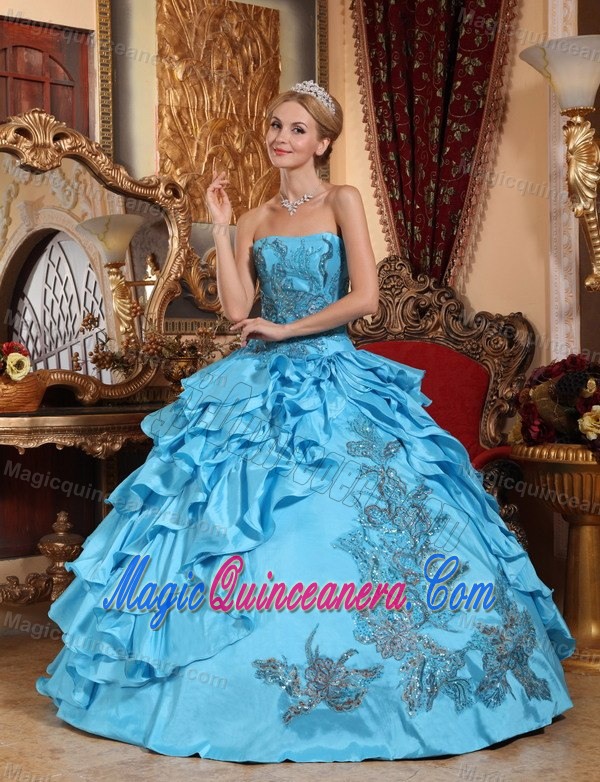 Aqua Blue Taffeta Sixteen Quinceanera Dresses with Appliques and Ruffles