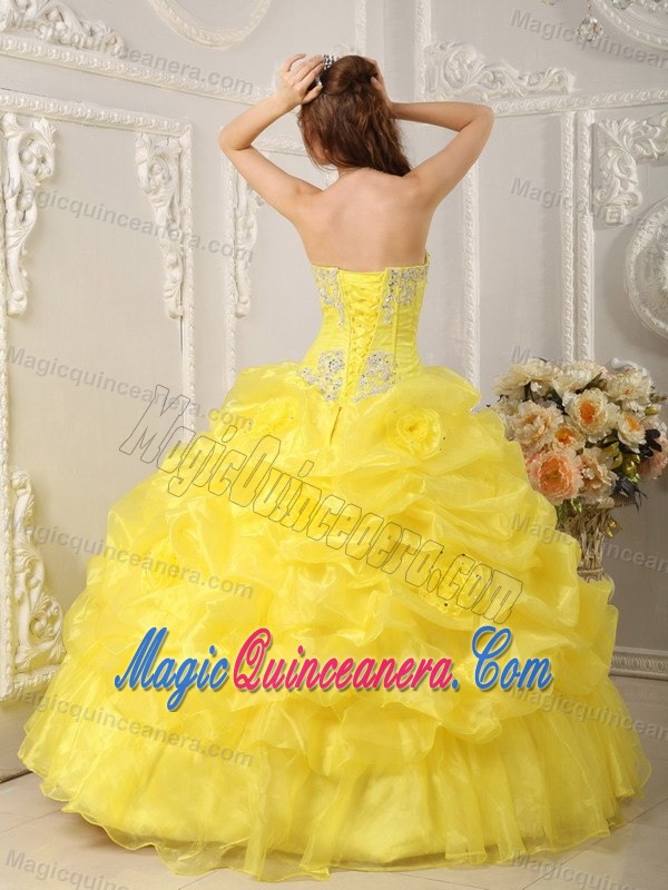 Yellow Organza Beading Sweet 15/16 Birthday Dress with Appliques