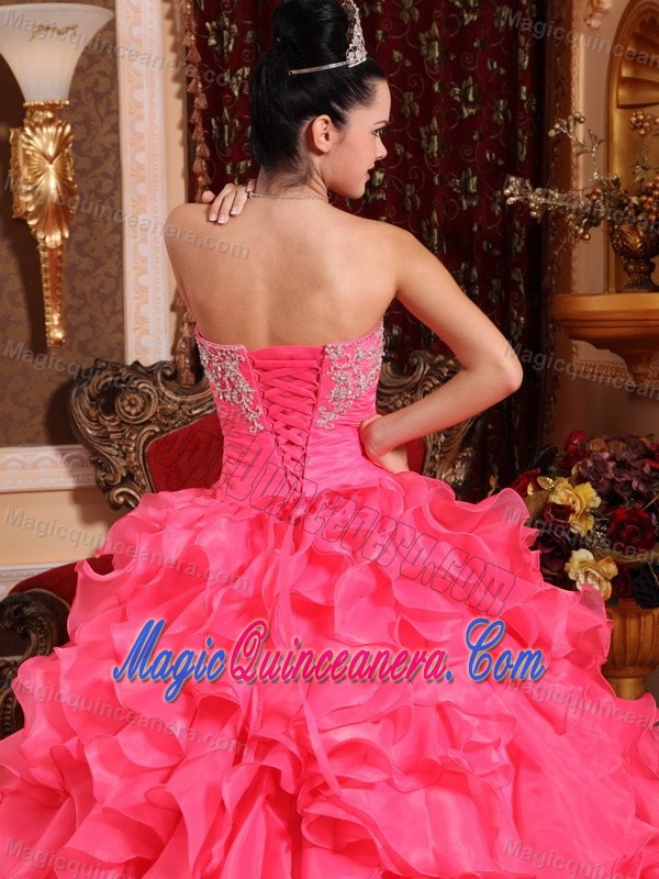 Hot Pink Strapless Organza Dresses for Quinceaneras with Ruffles and Appliques