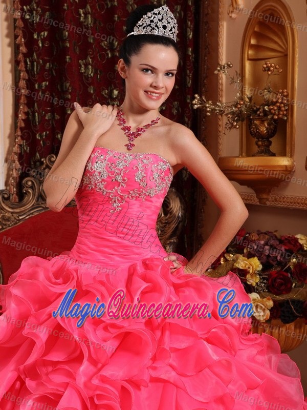 Hot Pink Strapless Organza Dresses for Quinceaneras with Ruffles and Appliques