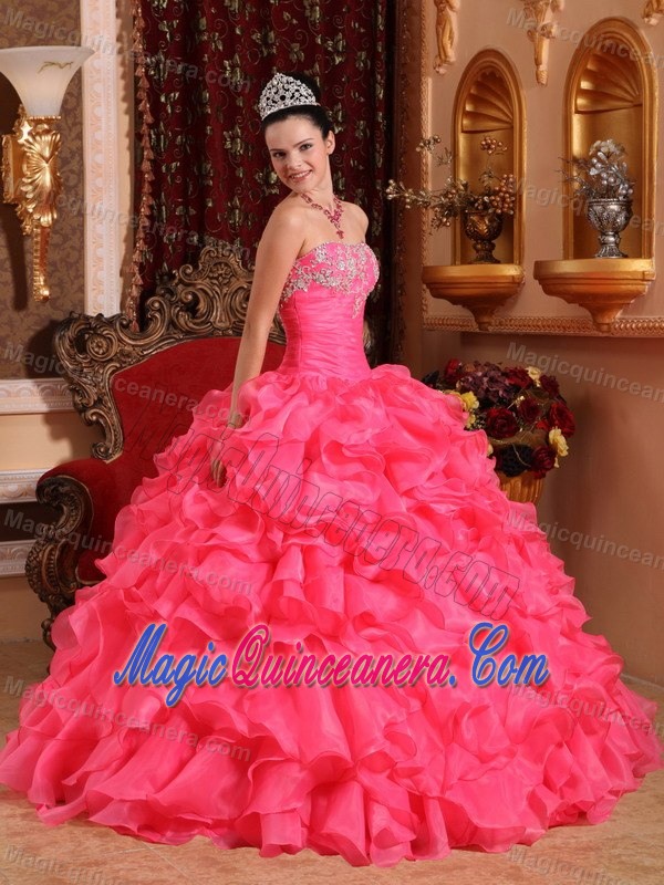 Hot Pink Strapless Organza Dresses for Quinceaneras with Ruffles and Appliques