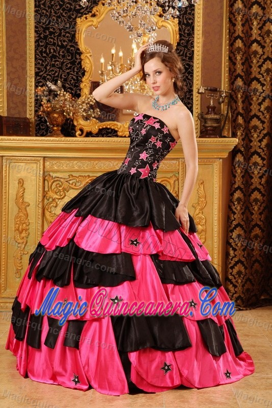 Hot Pink and Black Taffeta Dresses for A Quinceanera Embroidery