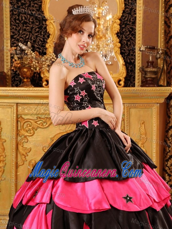 Hot Pink and Black Taffeta Dresses for A Quinceanera Embroidery