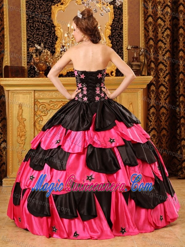 Hot Pink and Black Taffeta Dresses for A Quinceanera Embroidery