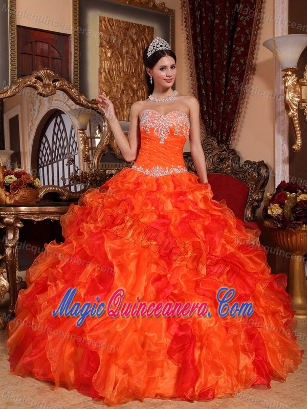 Appliqued and Ruffled Organza Quinceanera Gown Dress in Orange