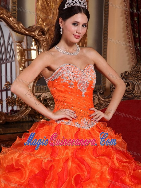 Appliqued and Ruffled Organza Quinceanera Gown Dress in Orange