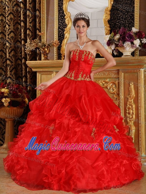 Red Strapless Organza Quinceanera Gown Dresses Appliques Pick ups