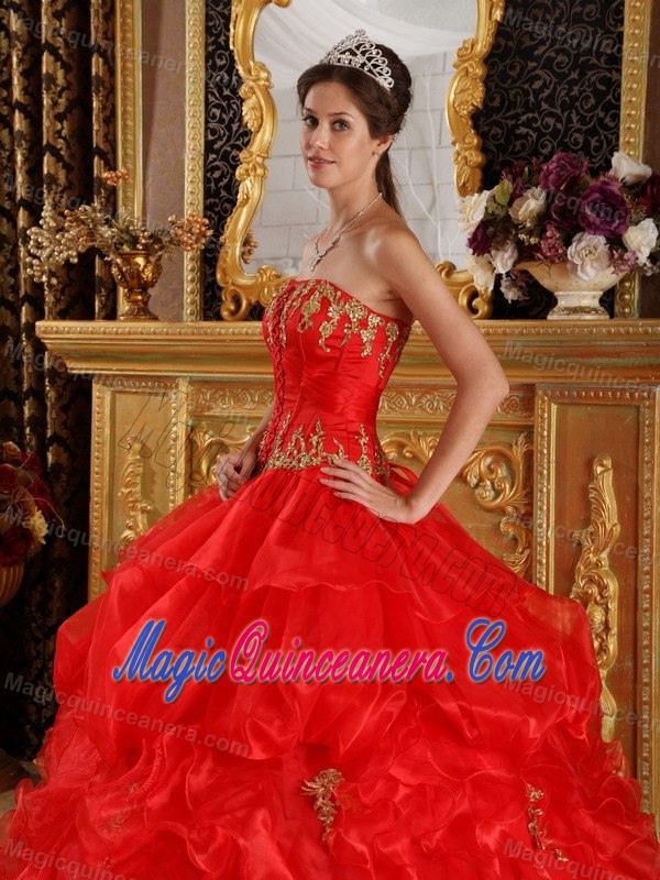 Red Strapless Quinceanera Gown with Gold Appliques by Organza