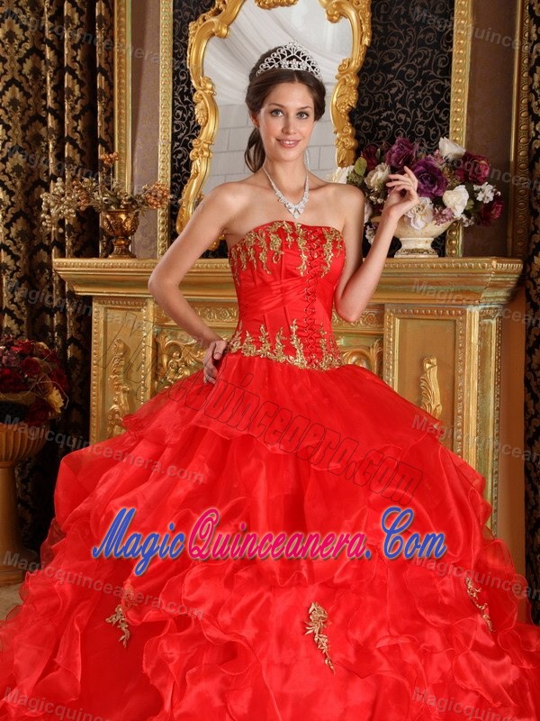 Red Strapless Quinceanera Gown with Gold Appliques by Organza