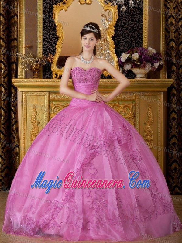 Rose Pink Organza Sweetheart Dresses for Quinceaneras with Appliques