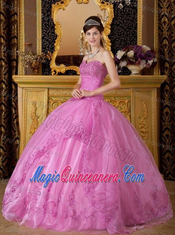 Rose Pink Organza Sweetheart Dresses for Quinceaneras with Appliques