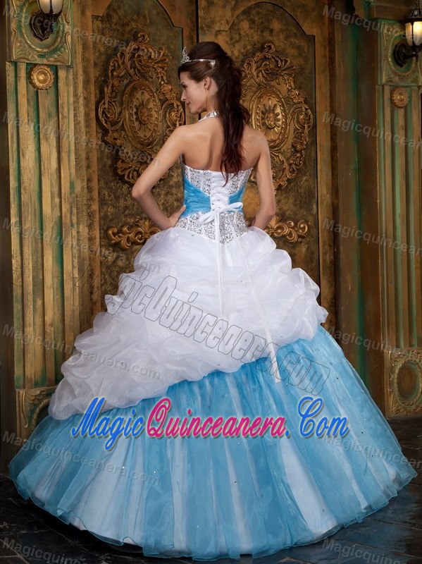 White and Blue Quinceanera Dress with Halter Top Neckline and Beading