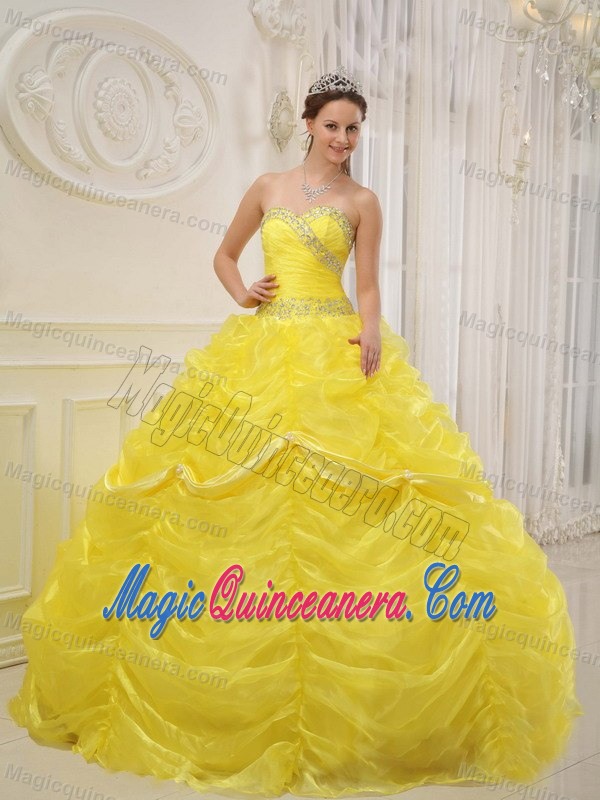 Yellow Quinceanera Dresses with Beading and Ruffled Layers by Organza